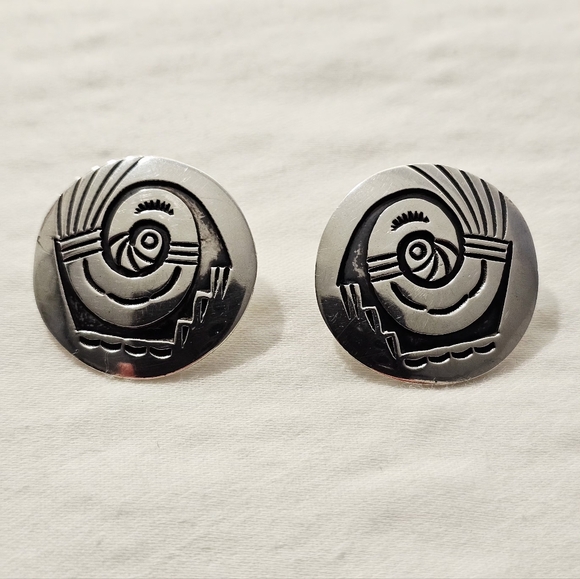 Vintage Hopi Sterling Silver Overlay Post Earrings – Unsigned Artisan - Picture 3 of 5